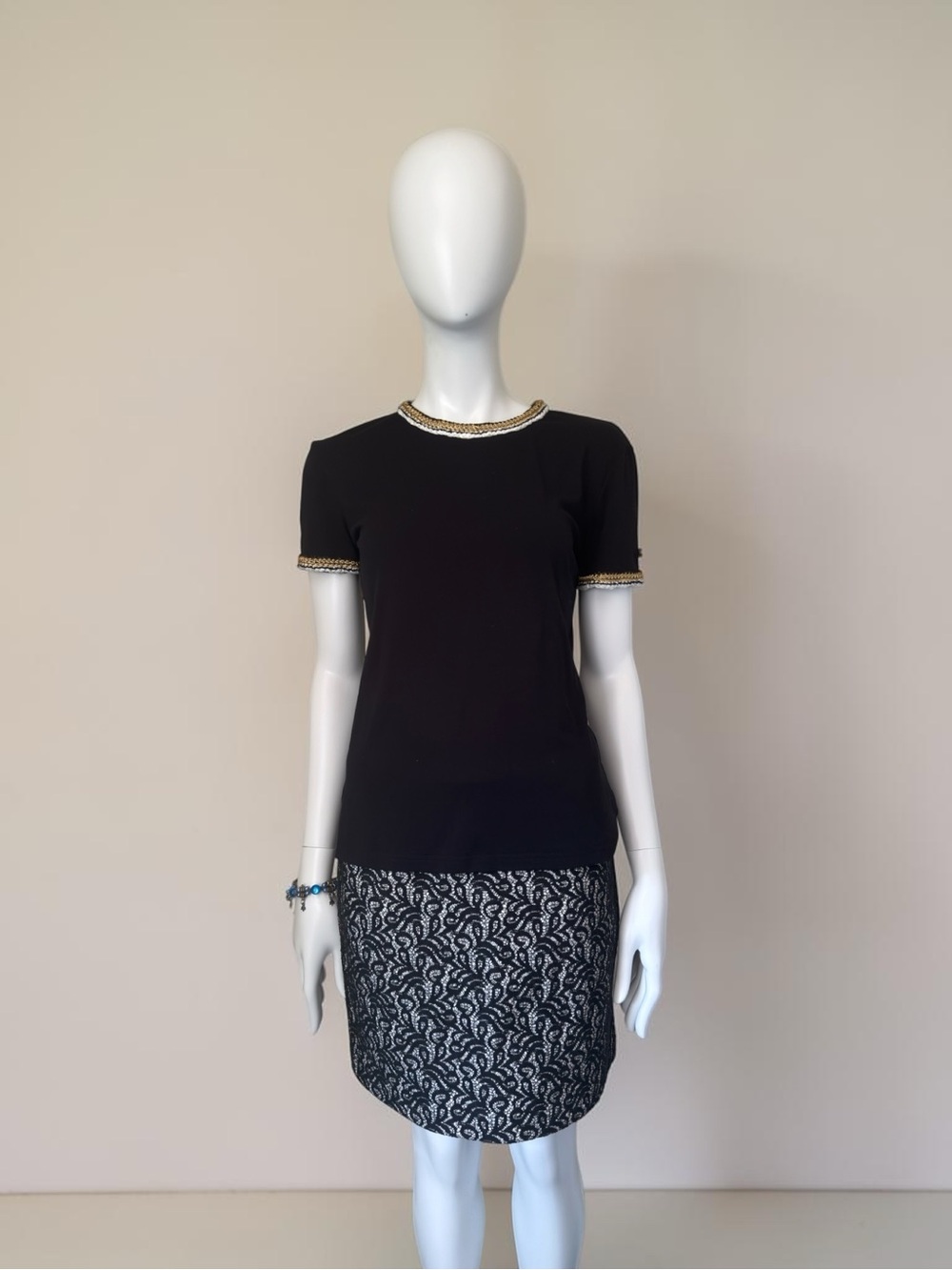 CHANEL Black Top with Gold and White Braided Neckline